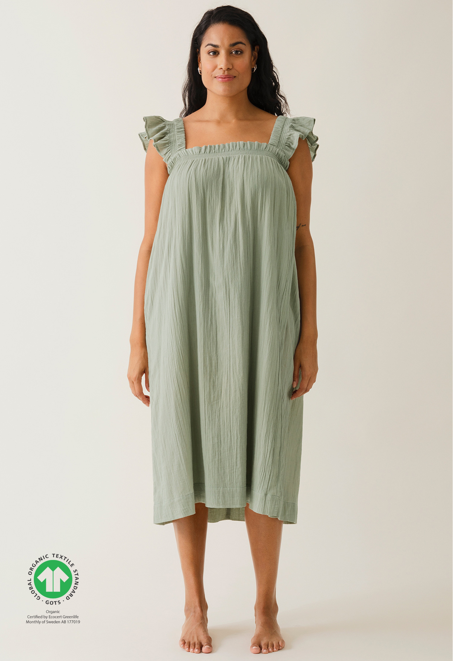 Boho ammekjole med smock - Grønn te