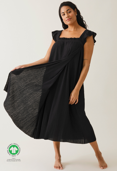 Boho ammekjole med smockdetaljer - Svart